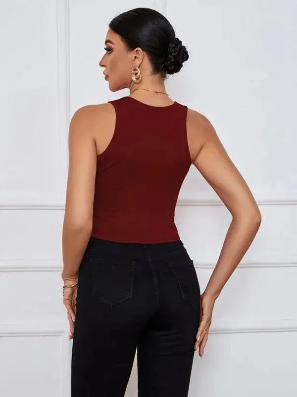 Y-Neckline Knit Tank Top - Women Tops - LeStyleParfait