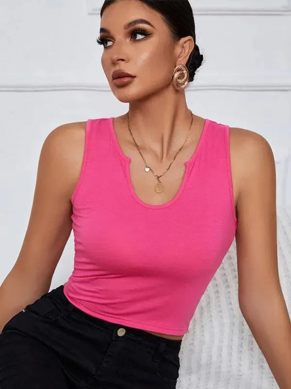 Y-Neckline Knit Tank Top - Women Tops - LeStyleParfait