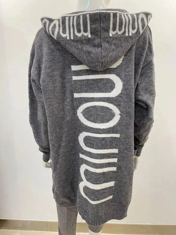 Long Hooded Letter Print Women Cardigan