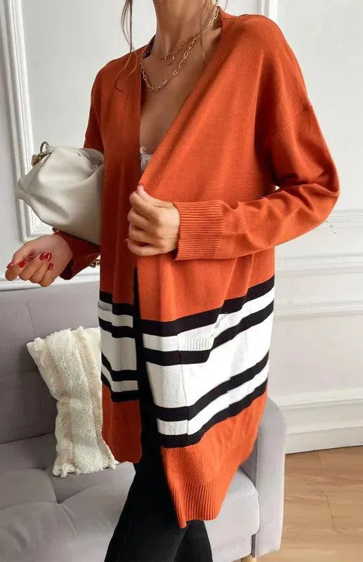 Women’s Contrast Stitch Longline Cardigan Sweater – V-Neck