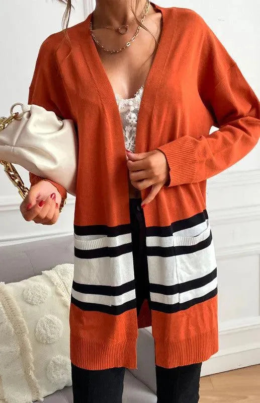 Women’s Contrast Stitch Longline Cardigan Sweater – V-Neck