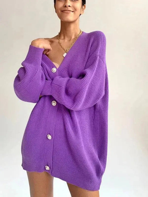 Women’s Drop Shoulder Cardigan Sweater – Relaxed V-Neck Fit