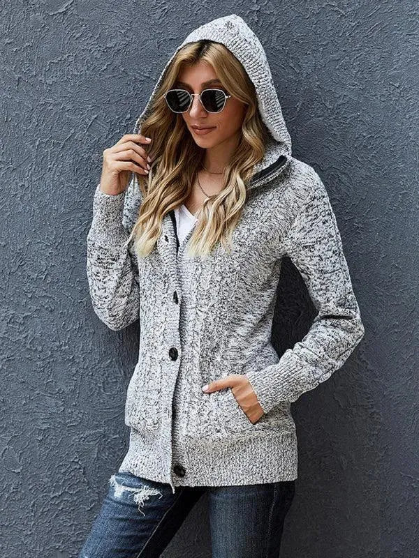 Women’s Hooded Cable Knit Cardigan Sweater – Casual Button Style