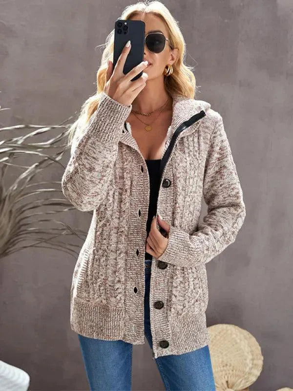 Women’s Hooded Cable Knit Cardigan Sweater – Casual Button Style