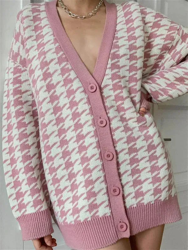 Women’s Houndstooth V-Neck Cardigan Sweater – Classic Pattern
