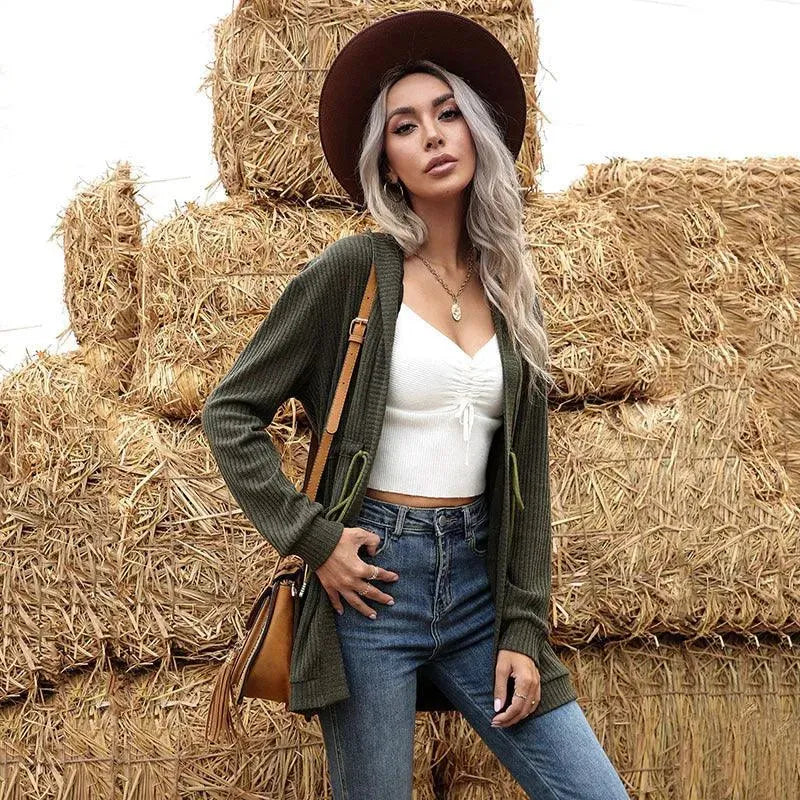 Women’s Lace-Up Hooded Cardigan Sweater – Longline Knit