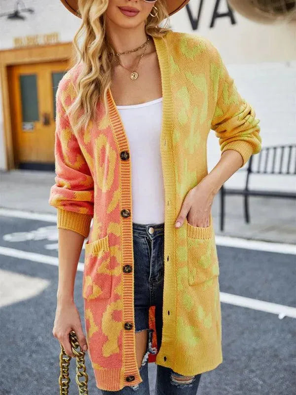 Women’s Leopard Knit Cardigan Sweater – V-Neck Button Style