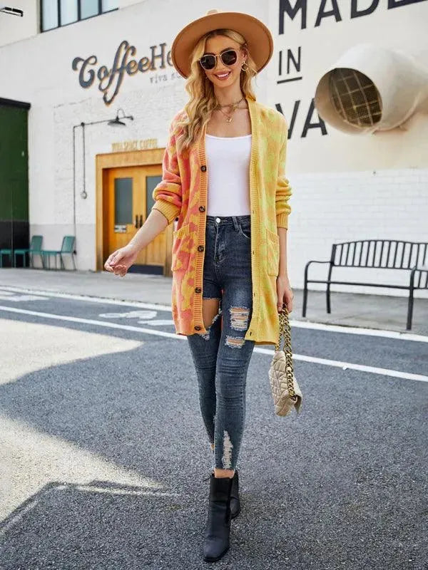 Women’s Leopard Knit Cardigan Sweater – V-Neck Button Style