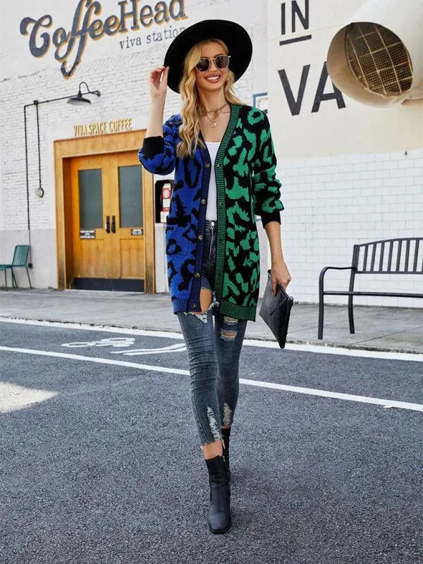 Women’s Leopard Knit Cardigan Sweater – V-Neck Button Style