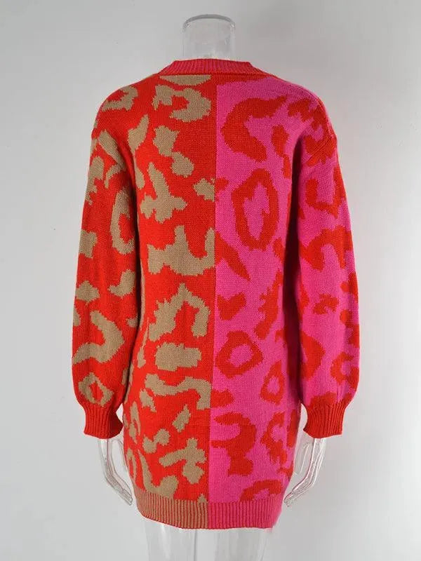 Women’s Leopard Knit Cardigan Sweater – V-Neck Button Style