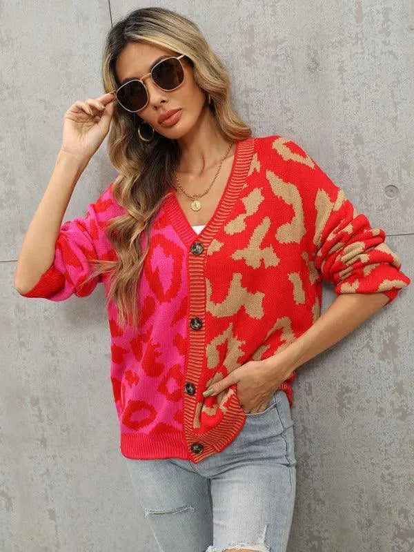 Women’s Oversized Leopard Cardigan Sweater – V-Neck Knit