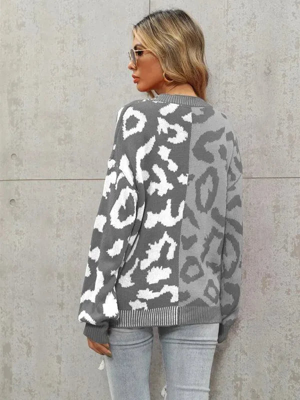Women’s Oversized Leopard Cardigan Sweater – V-Neck Knit
