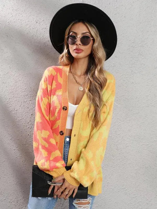 Women’s Oversized Leopard Cardigan Sweater – V-Neck Knit