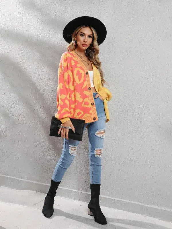 Women’s Oversized Leopard Cardigan Sweater – V-Neck Knit