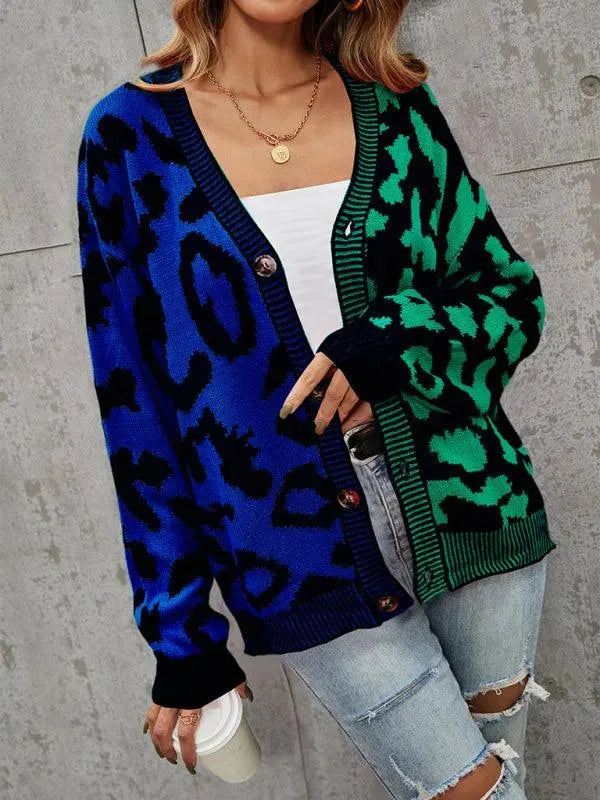 Women’s Oversized Leopard Cardigan Sweater – V-Neck Knit