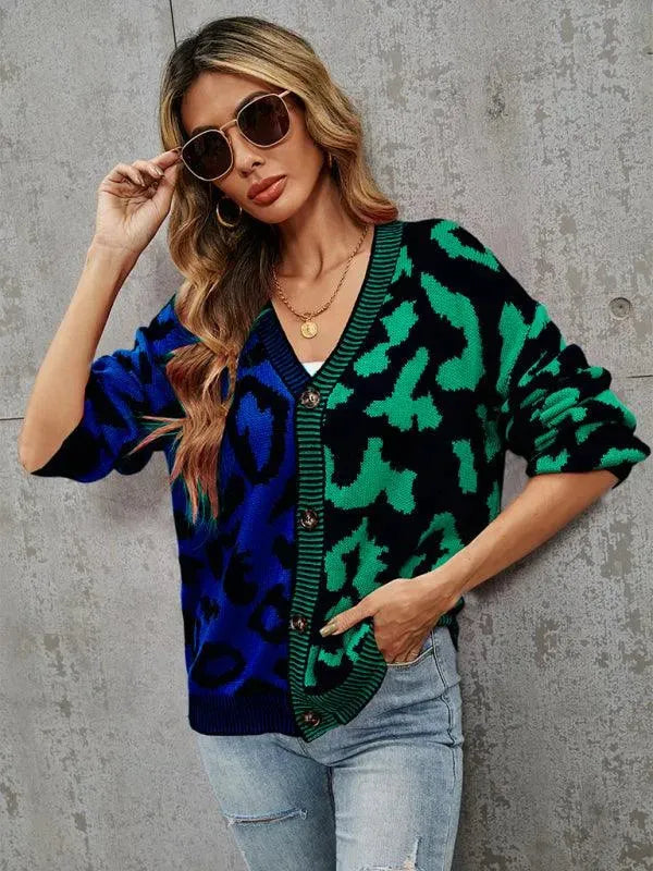 Women’s Oversized Leopard Cardigan Sweater – V-Neck Knit