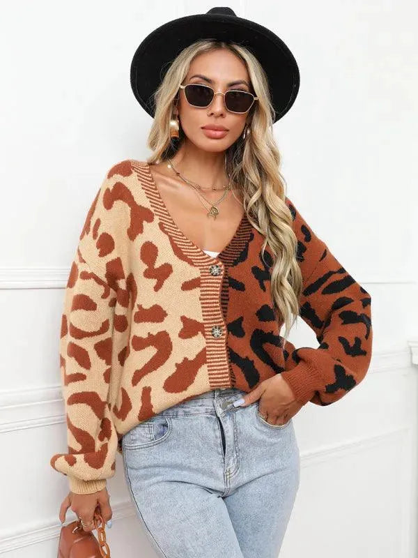Women’s Oversized Leopard Cardigan Sweater – V-Neck Knit