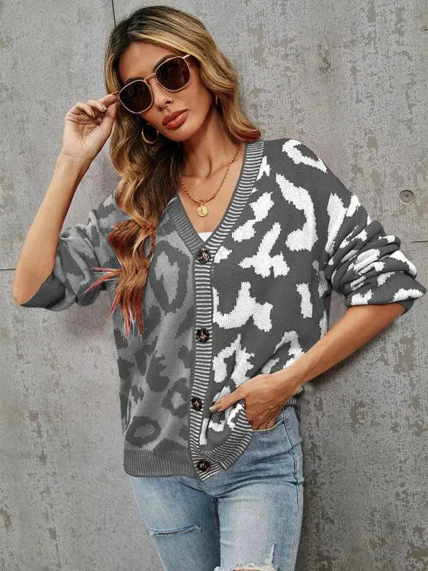 Women’s Oversized Leopard Cardigan Sweater – V-Neck Knit