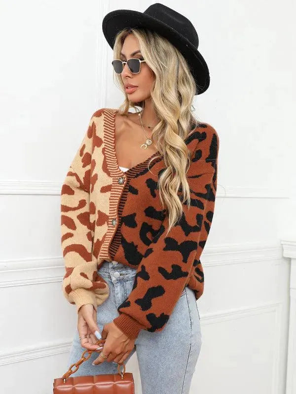 Women’s Oversized Leopard Cardigan Sweater – V-Neck Knit
