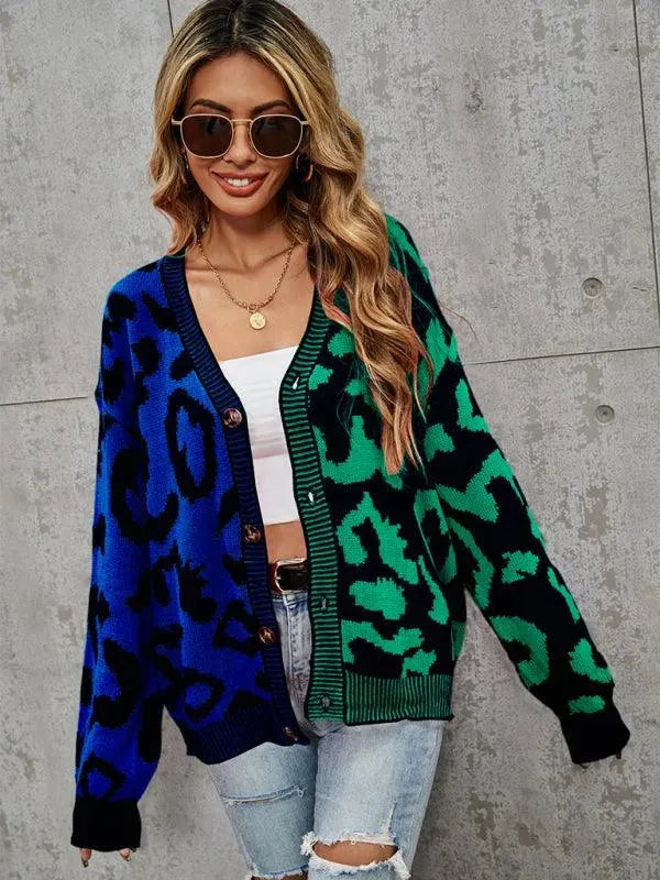 Women’s Oversized Leopard Cardigan Sweater – V-Neck Knit