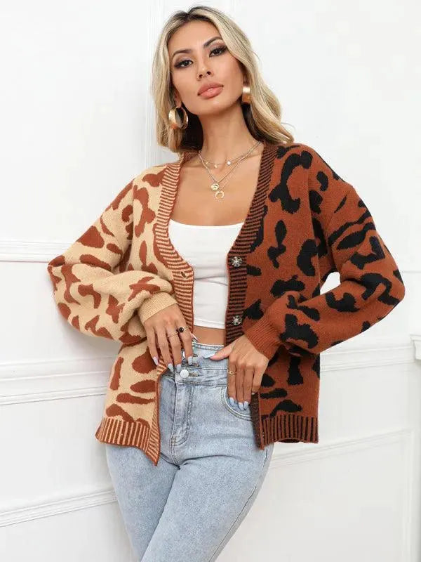 Women’s Oversized Leopard Cardigan Sweater – V-Neck Knit