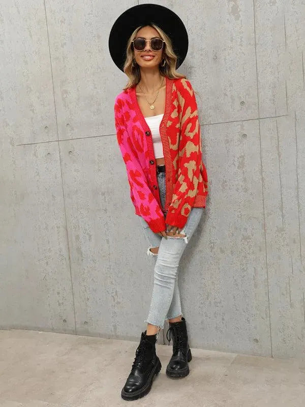 Women’s Oversized Leopard Cardigan Sweater – V-Neck Knit