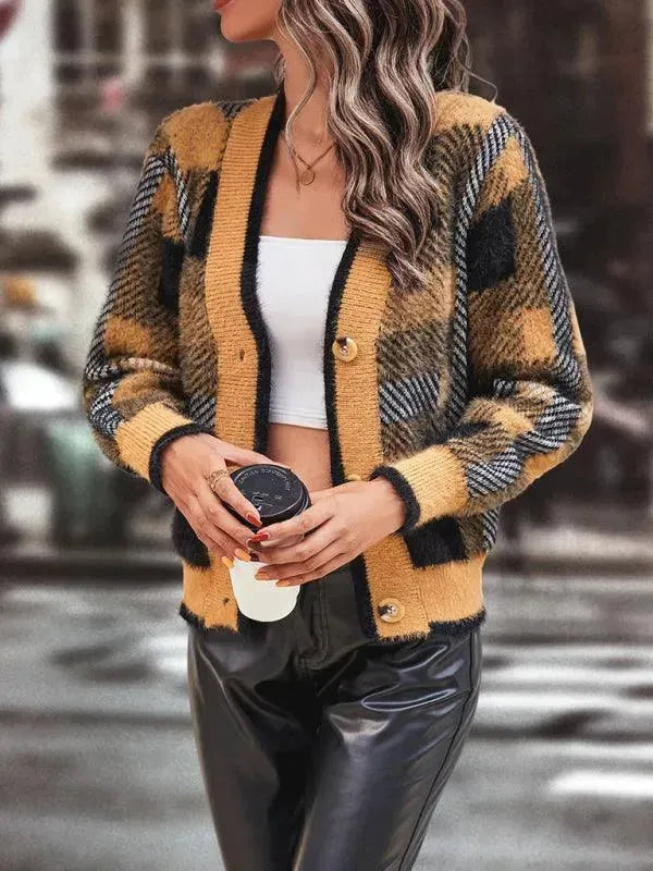 Women’s Plaid V-Neck Cardigan Sweater – Button Fall/Winter Knit