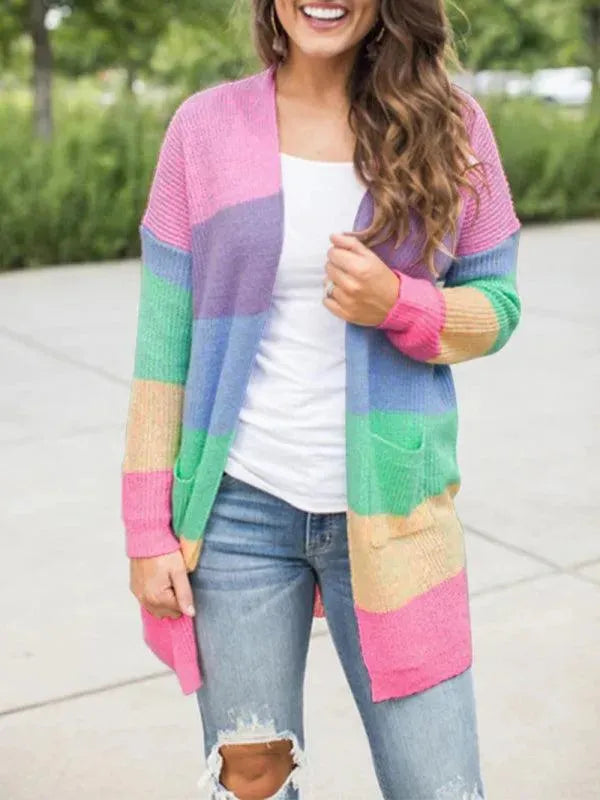 Women’s Striped Long Cardigan Sweater – V-Neck Button