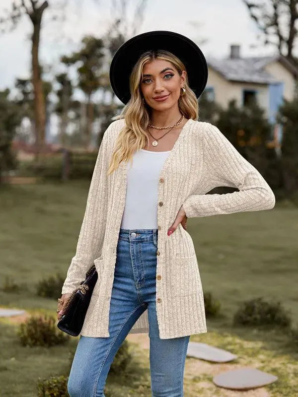 Women’s Textured Longline Cardigan Sweater – V-Neck Button Knit