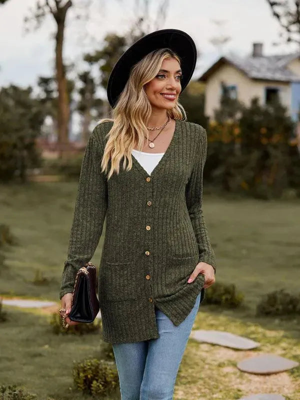 Women’s Textured Longline Cardigan Sweater – V-Neck Button Knit