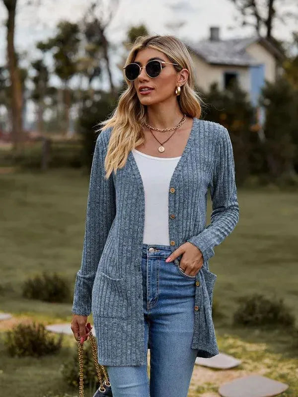 Women’s Textured Longline Cardigan Sweater – V-Neck Button Knit