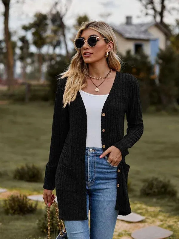 Women’s Textured Longline Cardigan Sweater – V-Neck Button Knit