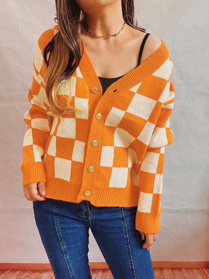 Checkerboard Contrast Women Cardigan Sweater - Cardigan Sweater - LeStyleParfait
