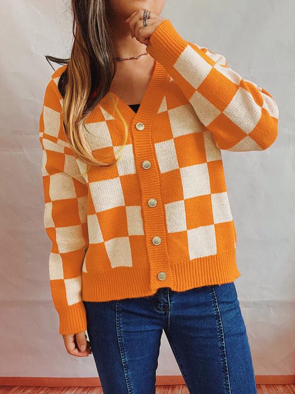 Checkerboard Contrast Women Cardigan Sweater - Cardigan Sweater - LeStyleParfait