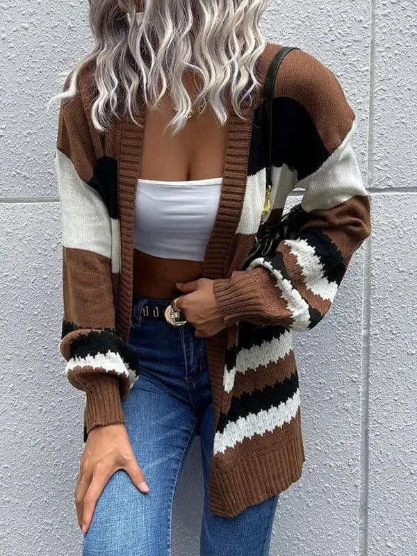 LeStyleParfait Women's Sweaters Casual Cardigan Spliced Round Neck Long Sleeves-Cardigan Sweater