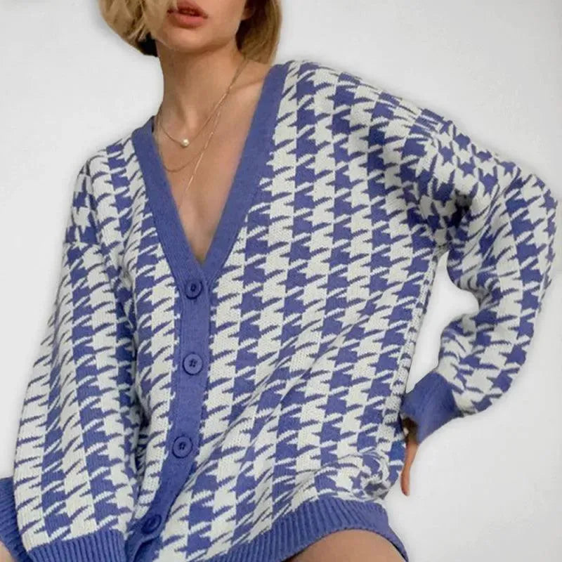 LeStyleParfait Women's Sweaters Casual Cardigan Houndstooth V-Neck Long Sleeves-Cardigan Sweater