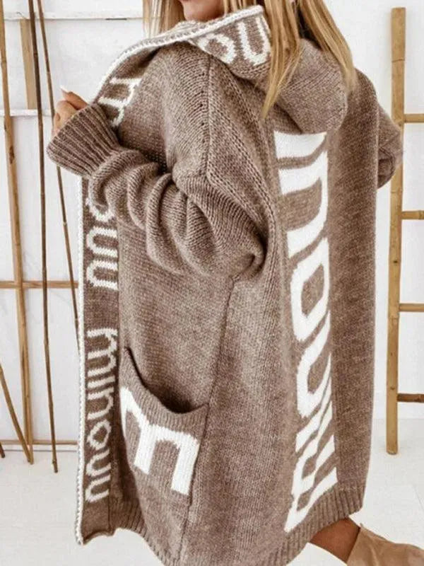 Long Hooded Letter Print Women Cardigan - Cardigan Sweater - LeStyleParfait