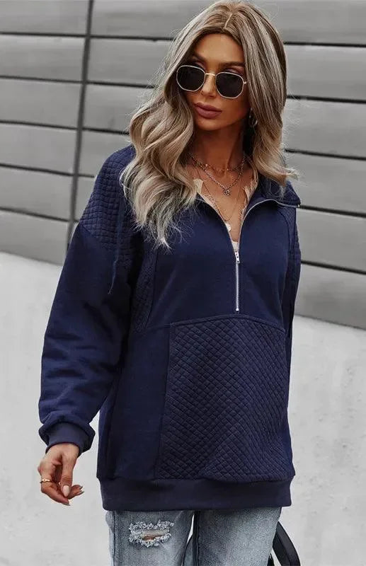 Women Regular Checked Zip-Up Sweatshirt Essential Fit-Women Sweatshirt-LeStyleParfait