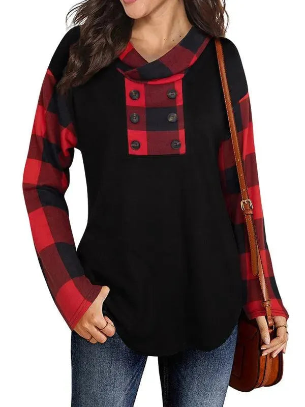 Women's Plaid Double-Breasted Hoodie - Long Sleeve Style - Plaid Hoodie - LeStyleParfait