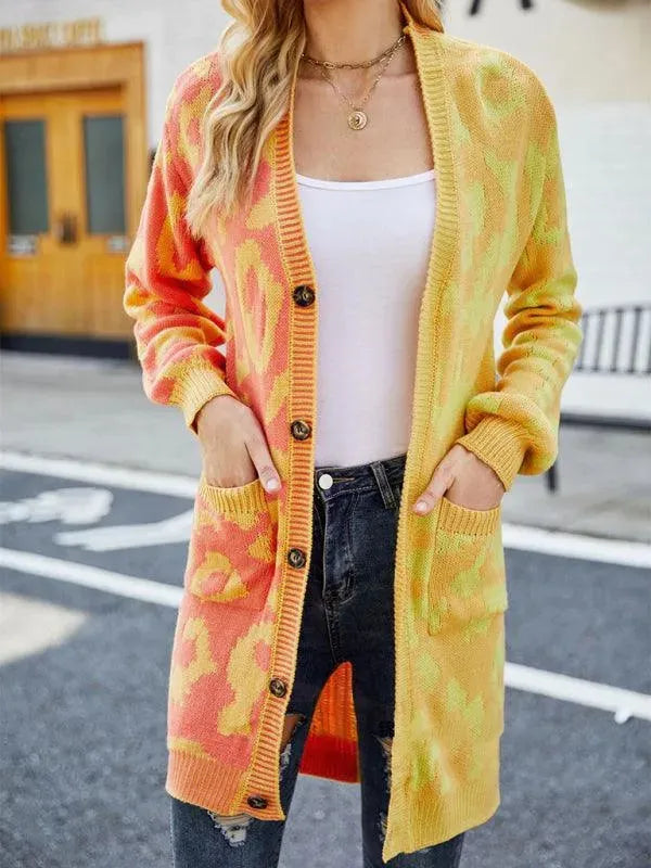Women’s Leopard Knit Cardigan Sweater – V-Neck Button Style