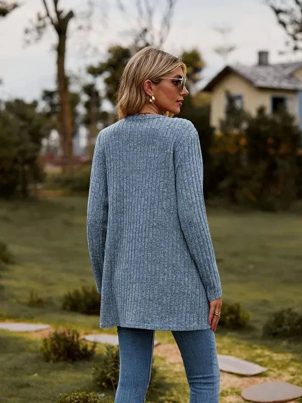 Women’s Textured Longline Cardigan Sweater – V-Neck Button Knit