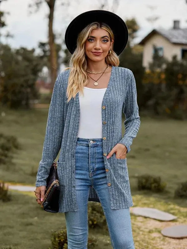 Women’s Textured Longline Cardigan Sweater – V-Neck Button Knit