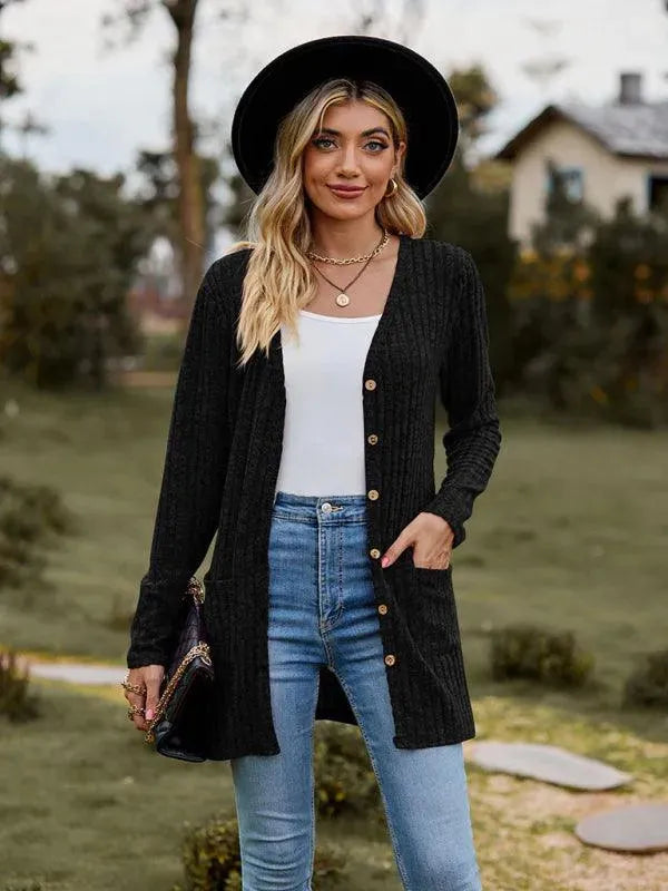 Women’s Textured Longline Cardigan Sweater – V-Neck Button Knit